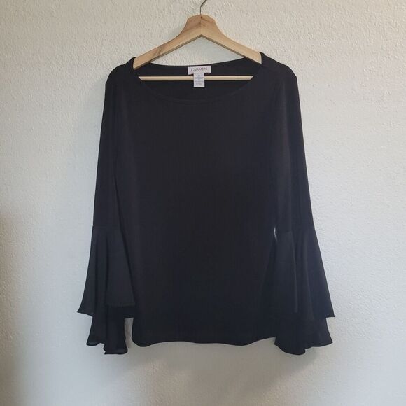 Carmen Marc Valvo Top Women's M Black Bell Sleeve Tunic Career Wear  Pullover - Picture 2 of 6